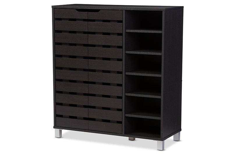 Darielle Modern and Contemporary Dark Brown Wood 2-Slatted Door Shoe Cabinet w/Open Shelves