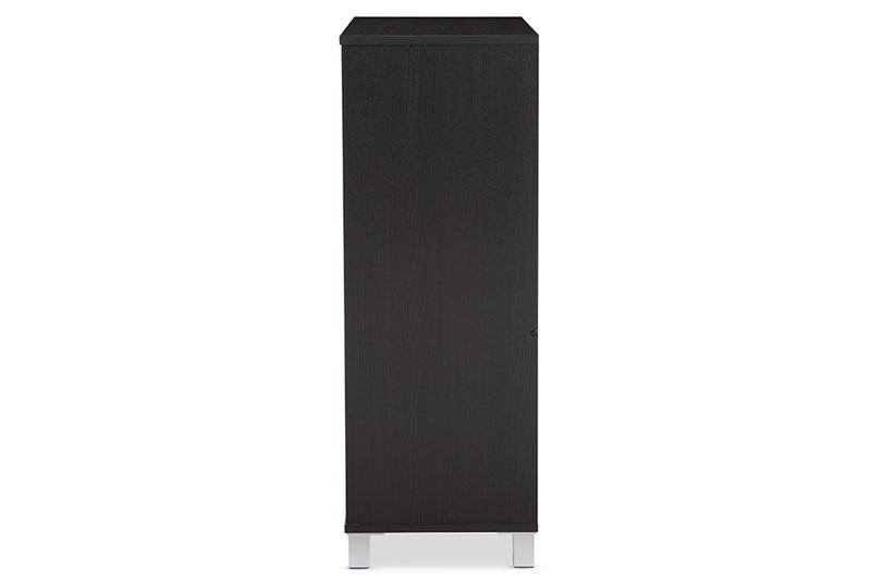 Darielle Modern and Contemporary Dark Brown Wood 2-Slatted Door Shoe Cabinet w/Open Shelves