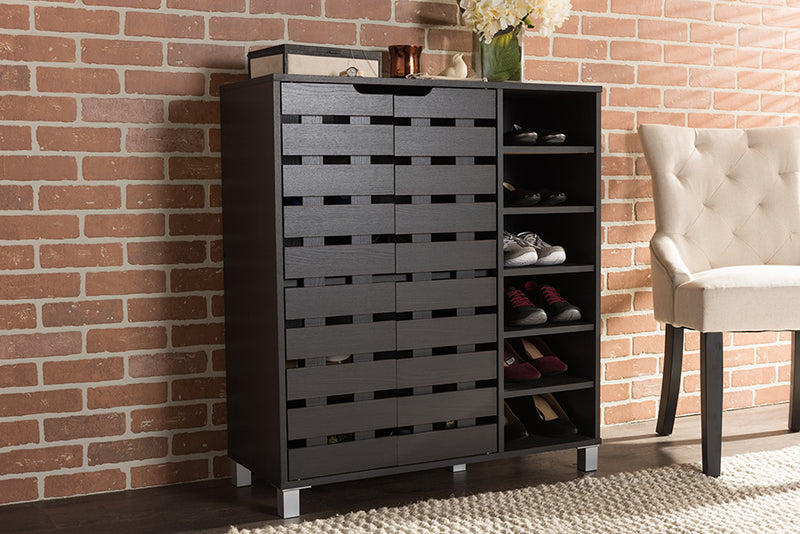 Darielle Modern and Contemporary Dark Brown Wood 2-Slatted Door Shoe Cabinet w/Open Shelves