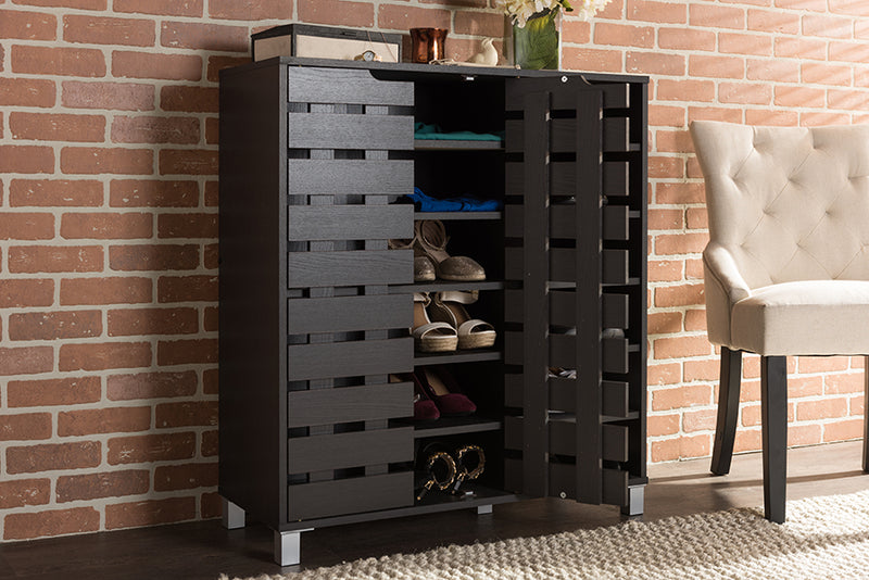 Darielle Modern and Contemporary Dark Brown Wood 2-Slatted Door Shoe Cabinet w/Open Shelves