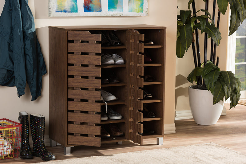 Darielle Modern and Contemporary "Walnut" Medium Brown Wood 2-Door Shoe Cabinet w/Open Shelves