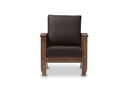 Cantu Walnut Brown Wood and Dark Brown Faux Leather 1-Seater Lounge Chair Baxton