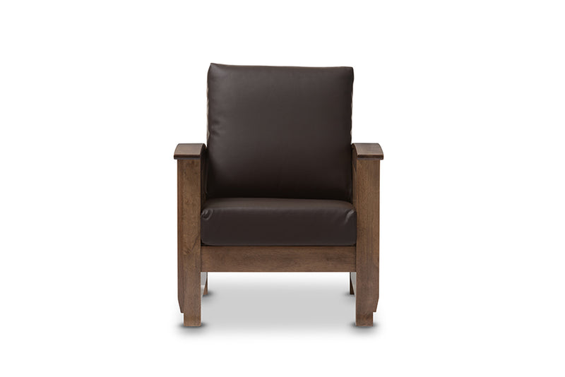 Cantu Modern Classic Mission Style Walnut Brown Wood and Dark Brown Faux Leather 1-Seater Lounge Chair