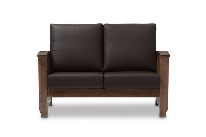 Cantu Modern Classic Mission Style Walnut Brown Wood and Dark Brown Faux Leather 2-Seater Loveseat