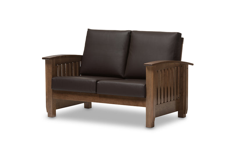 Cantu Modern Classic Mission Style Walnut Brown Wood and Dark Brown Faux Leather 2-Seater Loveseat