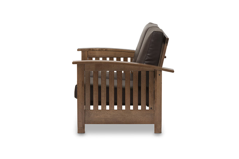 Cantu Walnut Brown Wood and Dark Brown Faux Leather 2-Seater Loveseat Baxton