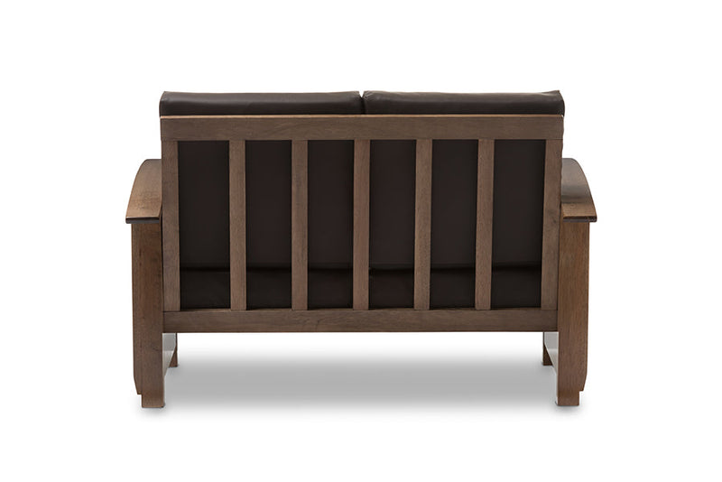 Cantu Walnut Brown Wood and Dark Brown Faux Leather 2-Seater Loveseat Baxton