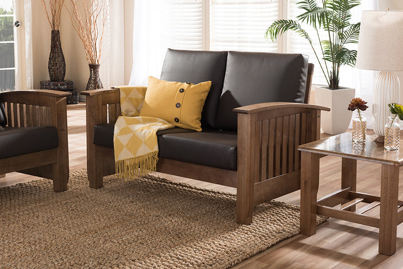 Cantu Walnut Brown Wood and Dark Brown Faux Leather 2-Seater Loveseat Baxton
