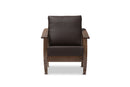 Elijah Walnut Brown Wood and Dark Brown Faux Leather 1-Seater Lounge Chair Baxton