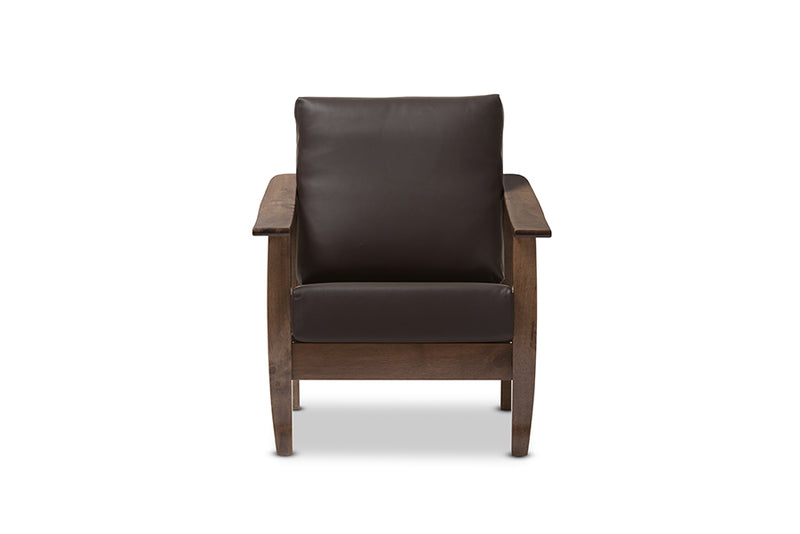 Elijah Mid-Century Modern Walnut Brown Wood and Dark Brown Faux Leather 1-Seater Lounge Chair