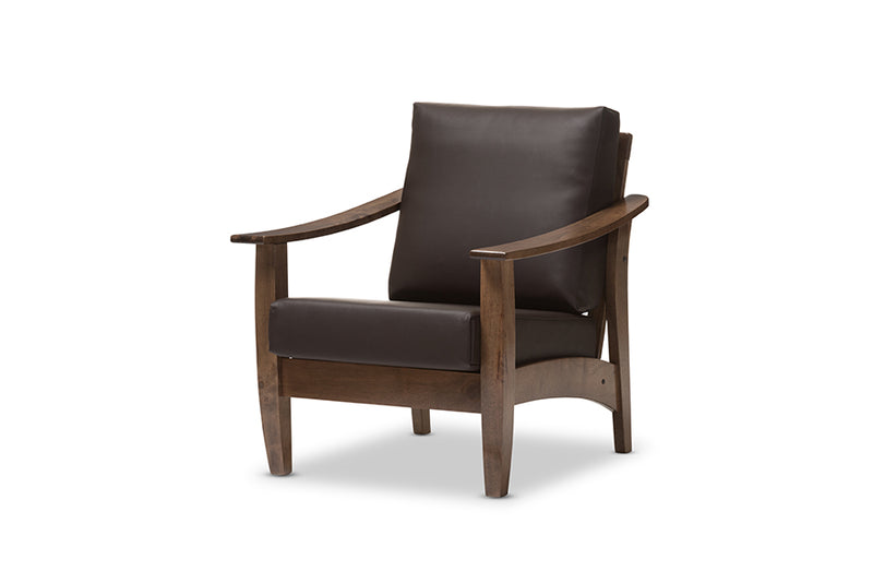 Elijah Mid-Century Modern Walnut Brown Wood and Dark Brown Faux Leather 1-Seater Lounge Chair