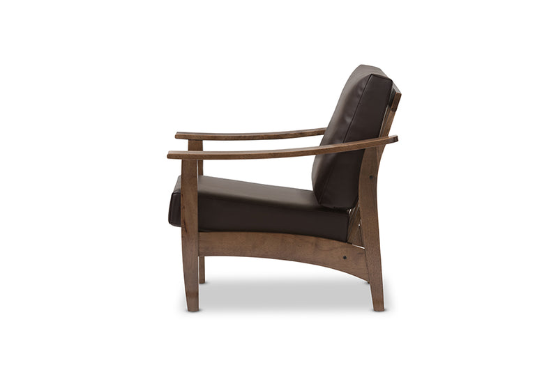 Elijah Mid-Century Modern Walnut Brown Wood and Dark Brown Faux Leather 1-Seater Lounge Chair