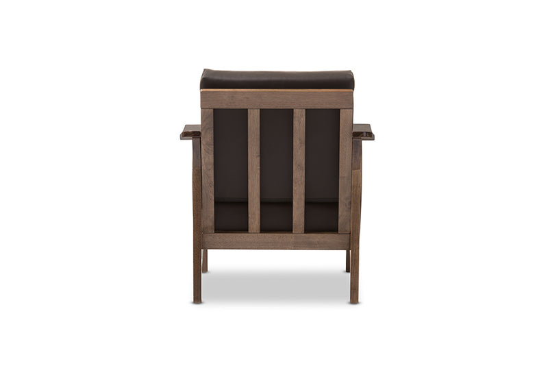 Elijah Mid-Century Modern Walnut Brown Wood and Dark Brown Faux Leather 1-Seater Lounge Chair