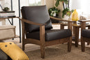 Elijah Walnut Brown Wood and Dark Brown Faux Leather 1-Seater Lounge Chair Baxton