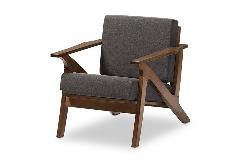 Macias Mid-Century Modern Gray Fabric and "Walnut" Brown Wood Living Room 1-Seater Lounge Chair