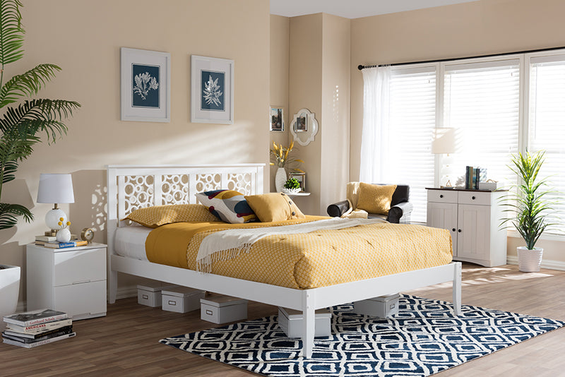 Laurel Modern and Contemporary Geometric Pattern White Solid Wood Queen Size Platform Bed 