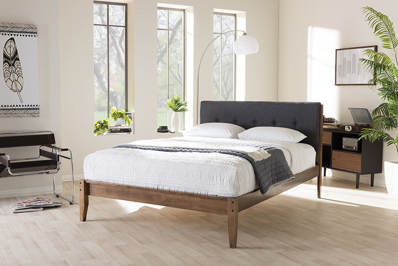 Darcie Mid-Century Modern Gray Fabric Upholstered King Size Platform Bed 