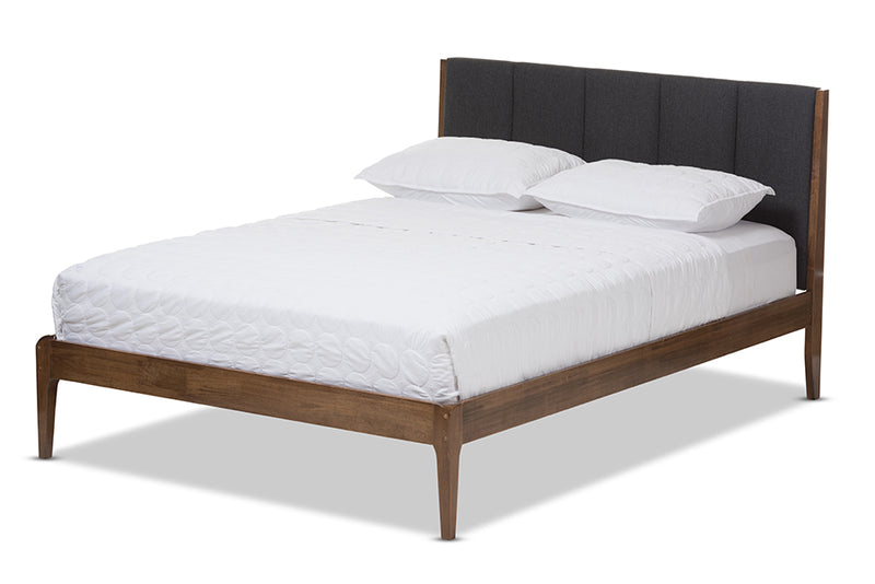 Odille Mid-Century Dark Gray Fabric and Medium Brown Finish Wood Queen Size Platform Bed