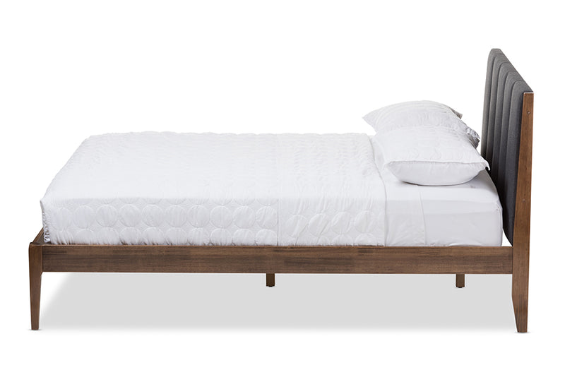 Odille Mid-Century Dark Gray Fabric and Medium Brown Finish Wood Queen Size Platform Bed