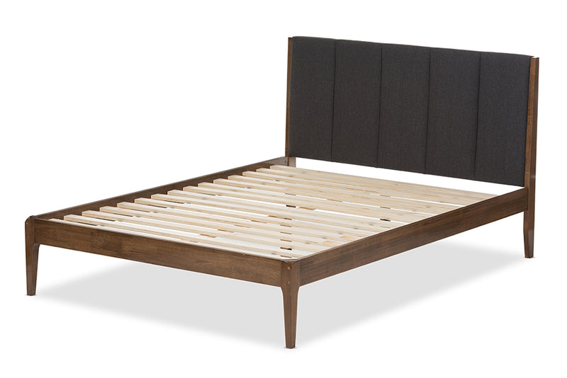 Odille Mid-Century Dark Gray Fabric and Medium Brown Finish Wood Queen Size Platform Bed