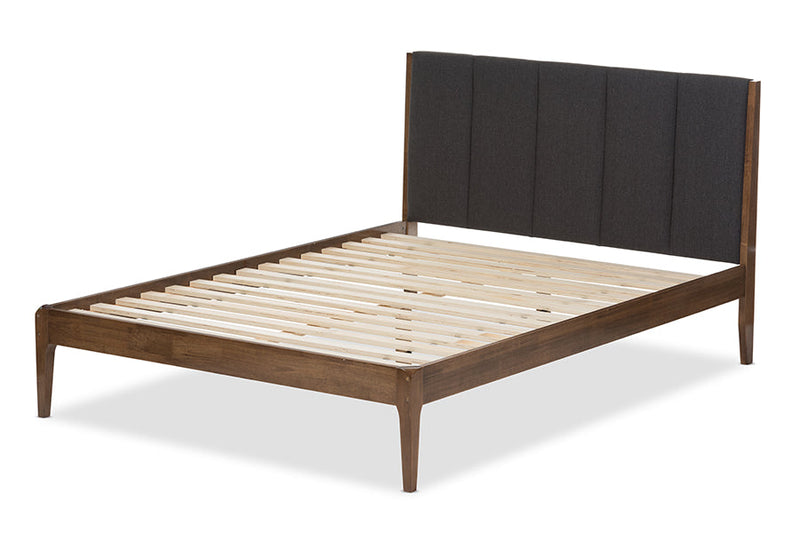 Odille Dark Gray Fabric and Medium Brown Finish Wood King Size Platform Bed Baxton