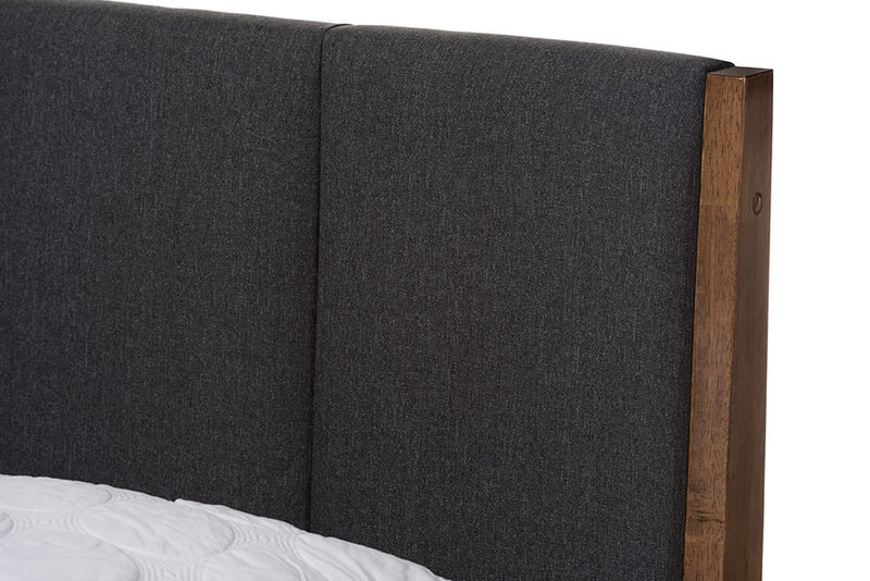 Odille Dark Gray Fabric and Medium Brown Finish Wood King Size Platform Bed Baxton