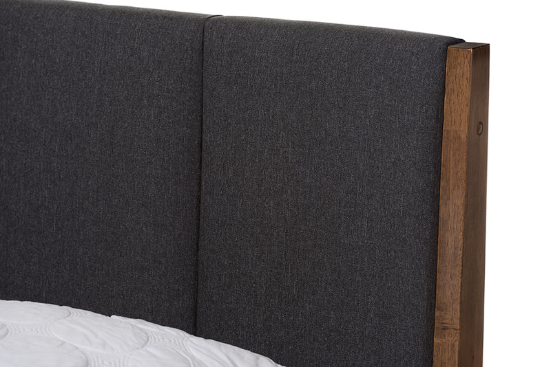 Odille Mid-Century Dark Gray Fabric and Medium Brown Finish Wood Queen Size Platform Bed