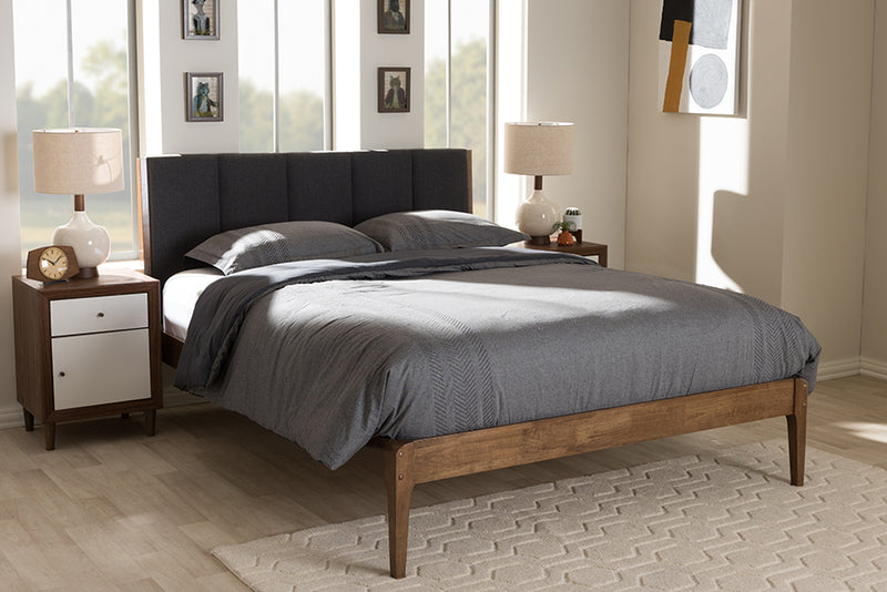 Odille Mid-Century Dark Gray Fabric and Medium Brown Finish Wood Queen Size Platform Bed