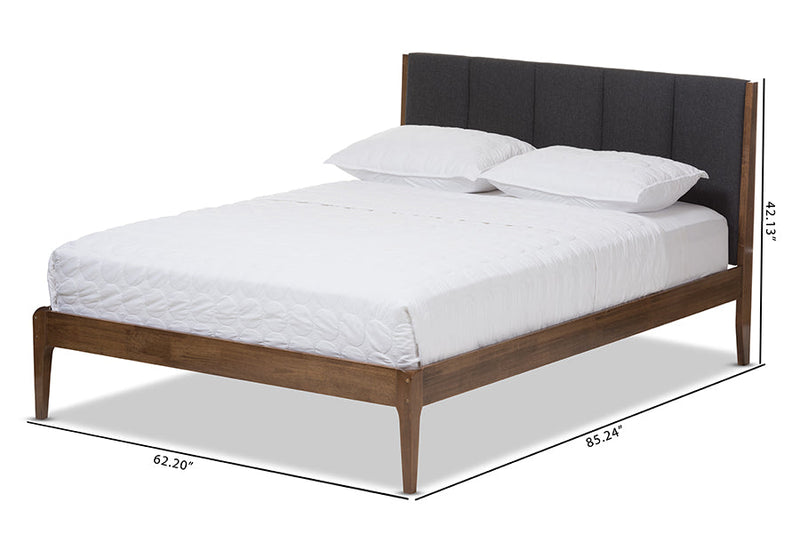Odille Dark Gray Fabric and Medium Brown Finish Wood King Size Platform Bed Baxton