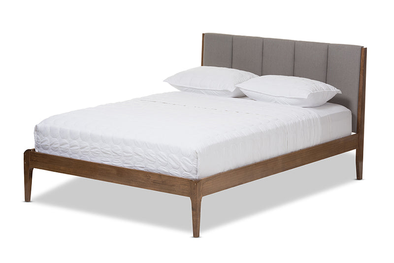 Odille Mid-Century Light Gray Fabric and Medium Brown Finish Wood Queen Size Platform Bed