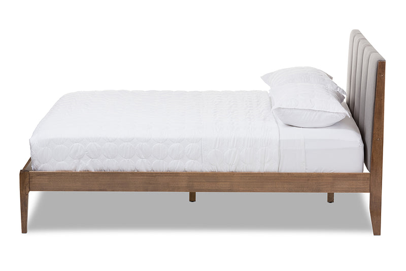 Odille Mid-Century Light Gray Fabric and Medium Brown Finish Wood Queen Size Platform Bed