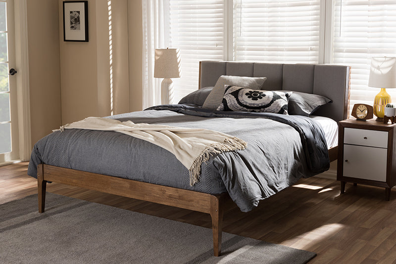 Odille Mid-Century Light Gray Fabric and Medium Brown Finish Wood Queen Size Platform Bed