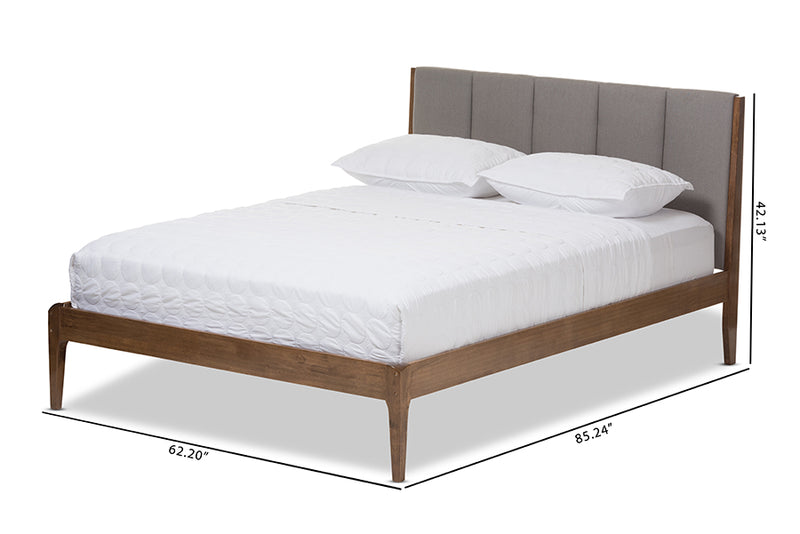 Odille Mid-Century Light Gray Fabric and Medium Brown Finish Wood Queen Size Platform Bed