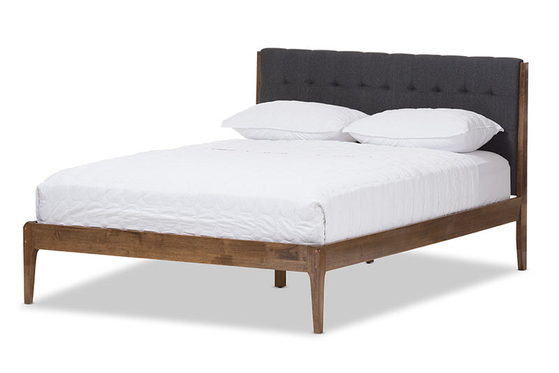 Frydel Mid-Century Dark Gray Fabric and Medium Brown Finish Wood King Size Platform Bed