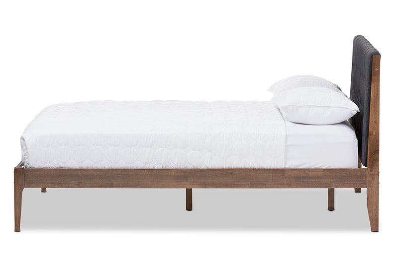 Frydel Dark Gray Fabric and Medium Brown Finish Wood Queen Size Platform Bed Baxton