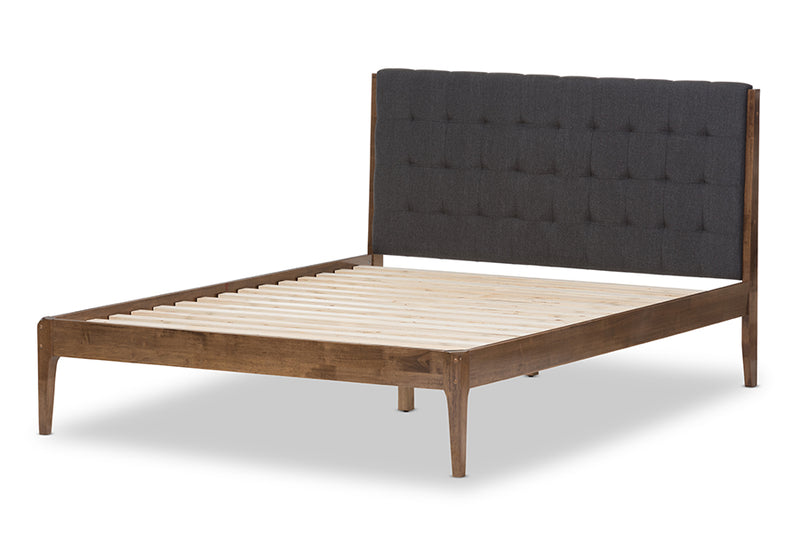 Frydel Mid-Century Dark Gray Fabric and Medium Brown Finish Wood King Size Platform Bed