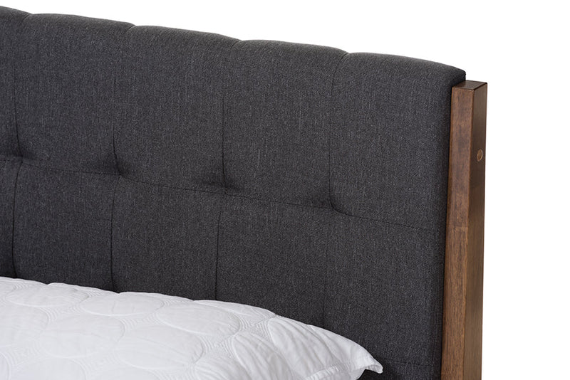 Frydel Dark Gray Fabric and Medium Brown Finish Wood Queen Size Platform Bed Baxton