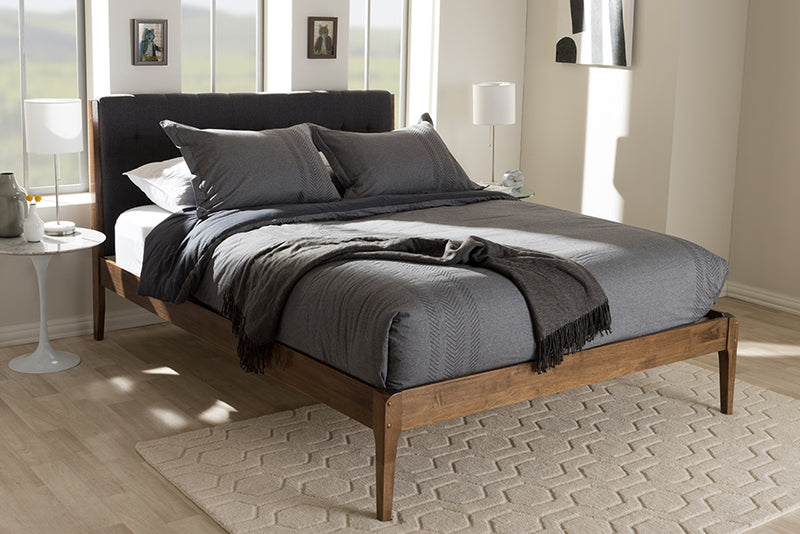 Frydel Mid-Century Dark Gray Fabric and Medium Brown Finish Wood King Size Platform Bed