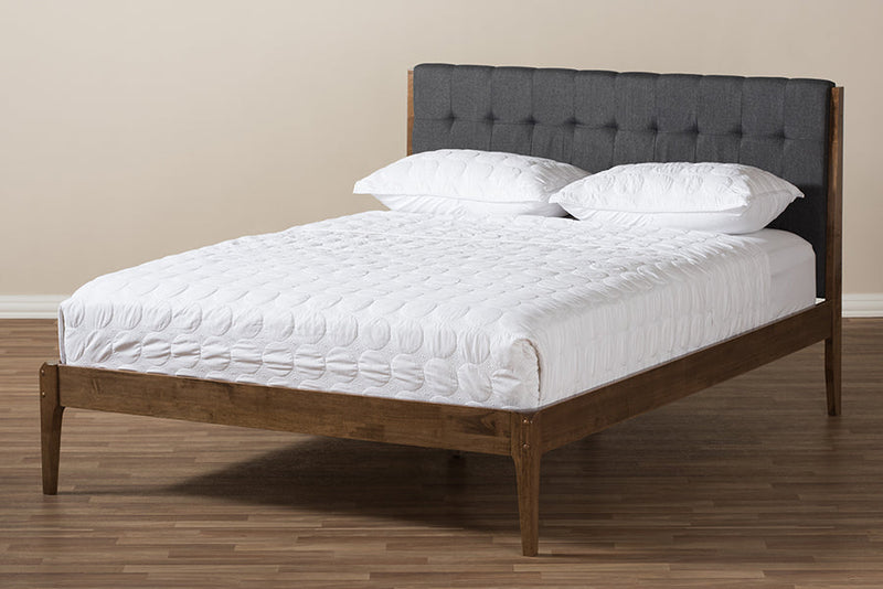 Frydel Dark Gray Fabric and Medium Brown Finish Wood Queen Size Platform Bed Baxton