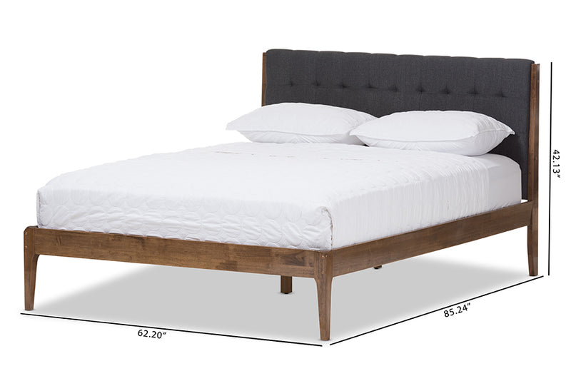 Frydel Mid-Century Dark Gray Fabric and Medium Brown Finish Wood King Size Platform Bed