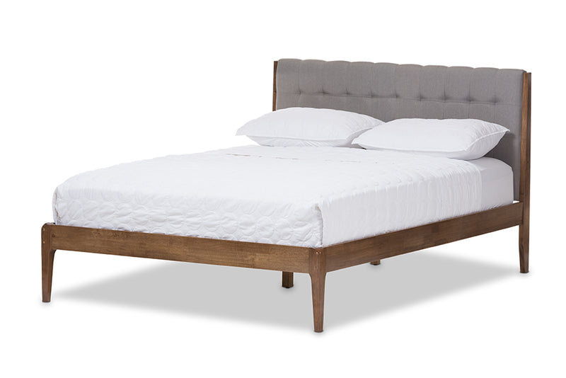 Frydel Mid-Century Light Gray Fabric and Medium Brown Finish Wood Queen Size Platform Bed