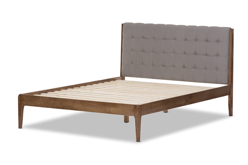 Frydel Mid-Century Light Gray Fabric and Medium Brown Finish Wood Queen Size Platform Bed