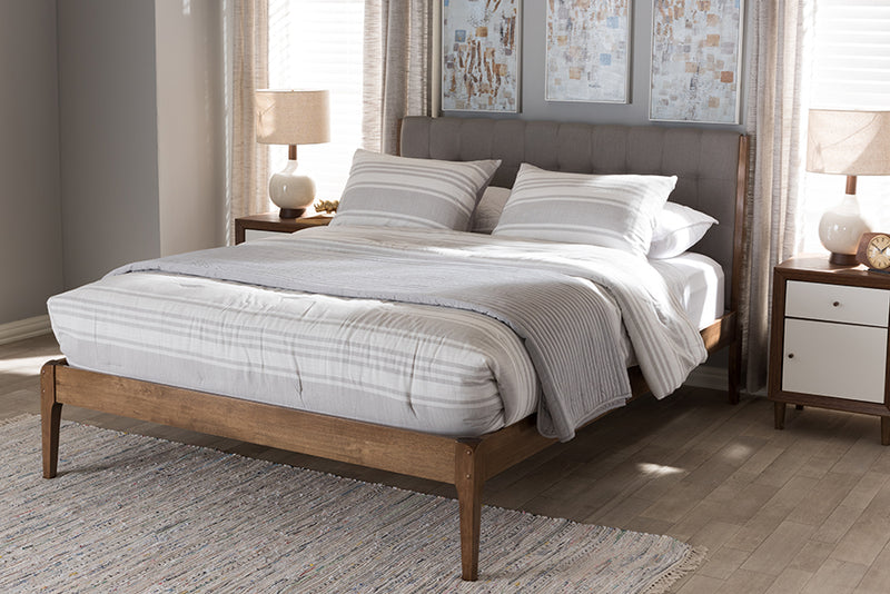 Frydel Mid-Century Light Gray Fabric and Medium Brown Finish Wood Queen Size Platform Bed