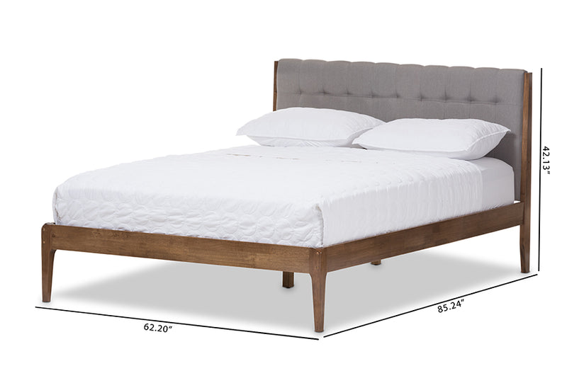 Frydel Mid-Century Light Gray Fabric and Medium Brown Finish Wood Queen Size Platform Bed