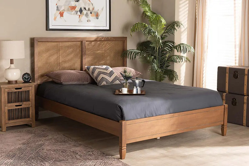 Sheffield Walnut Brown Finished Wood , Synthetic Rattan Platform Bed (Queen) iHome Studio