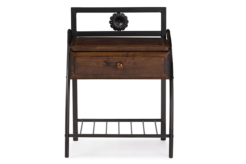 Sabeen Vintage Industrial Black Bronze Metal and Walnut Brown Wood 1-Drawer Nightstand