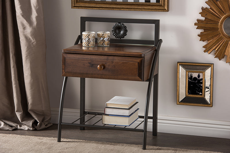 Sabeen Vintage Industrial Black Bronze Metal and Walnut Brown Wood 1-Drawer Nightstand