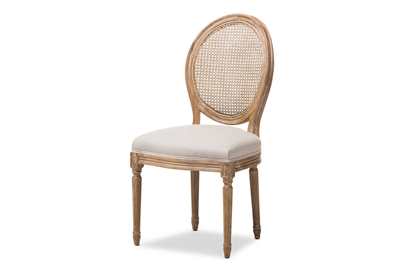 Alina French Vintage Cottage Weathered Oak Finish Wood and Beige Fabric Upholstered Dining Side Chair w/Round Cane Back