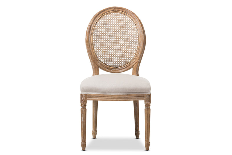 Alina French Vintage Cottage Weathered Oak Finish Wood and Beige Fabric Upholstered Dining Side Chair w/Round Cane Back