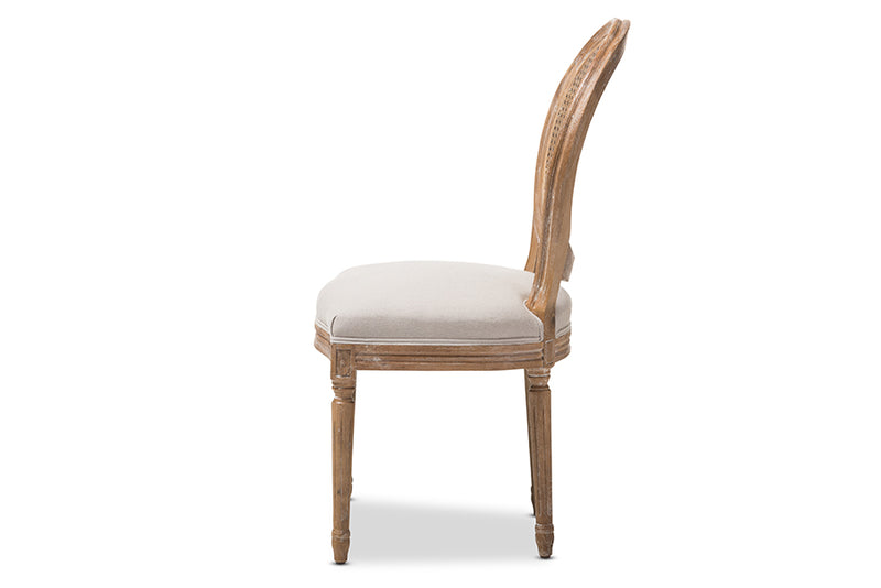 Alina French Vintage Cottage Weathered Oak Finish Wood and Beige Fabric Upholstered Dining Side Chair w/Round Cane Back